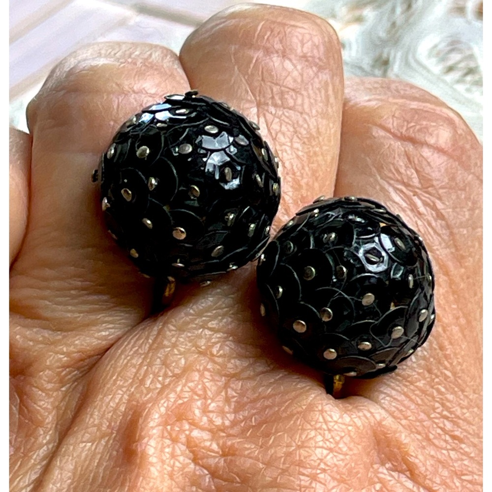 Vintage black sequin screw back earrings mid-century modern